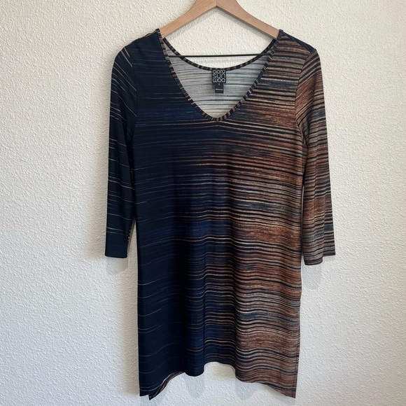 Ciara Sun Woo Womens Small Striped Two Toned Blue Tan Artsy Tunic Top Longlined - Picture 1 of 6